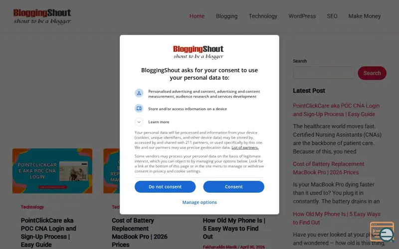 Screenshot of BloggingShout, a launch using ExonHost DNS