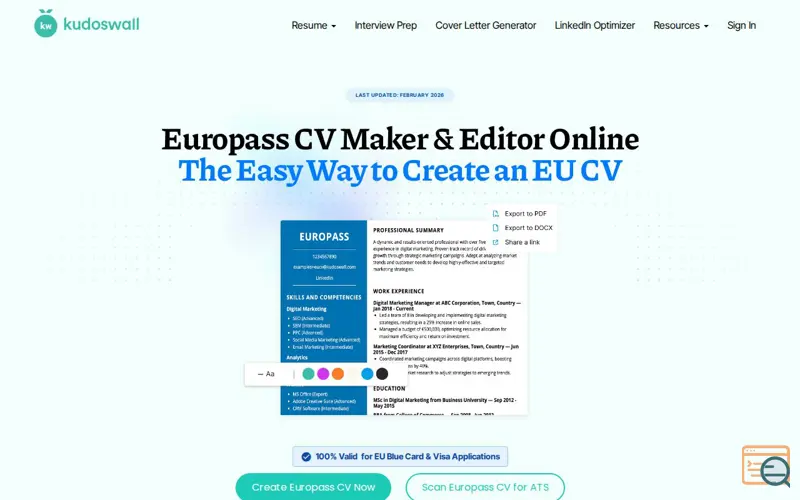 Screenshot of KudosWall Europass CV Builder