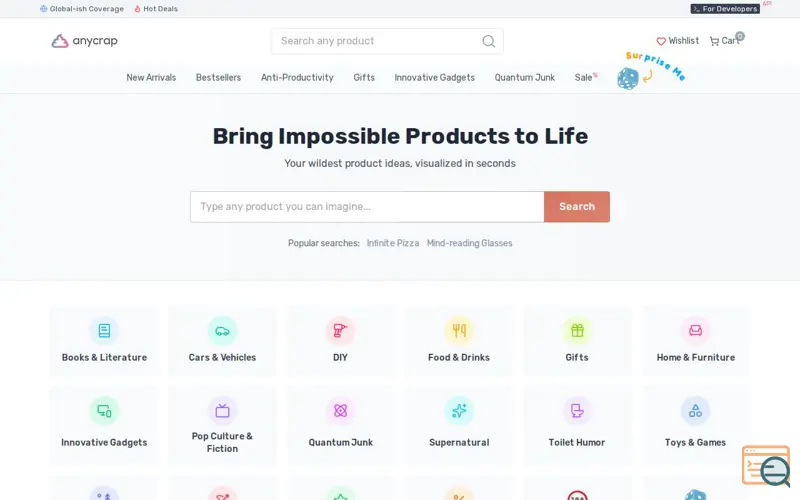 Screenshot of Anycrap — The Store of Infinite Products, a launch using Cloudflare Images