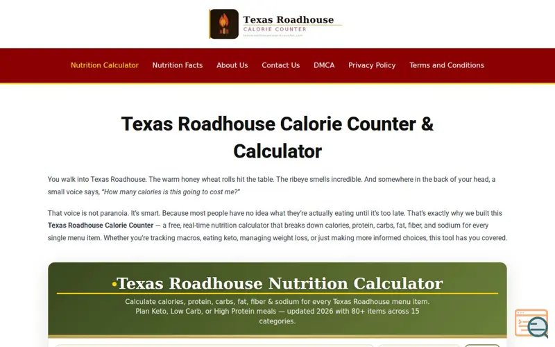 Screenshot of Texas Roadhouse Calorie Counter