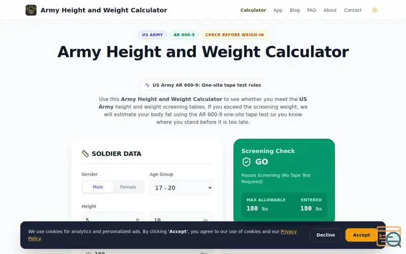 Screenshot of Army Height and Weight Calculator