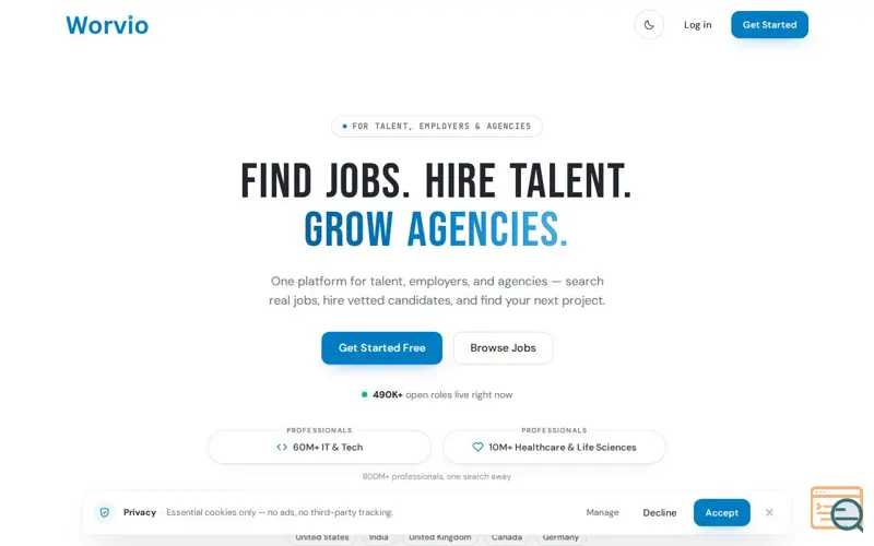 Screenshot of Worvio — Find Jobs. Hire Talent. Grow Agencies.
