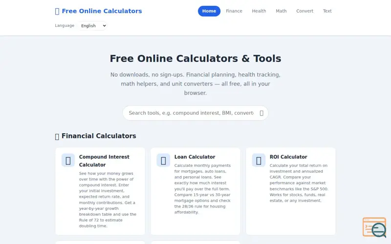 Screenshot of Free Online Calculators