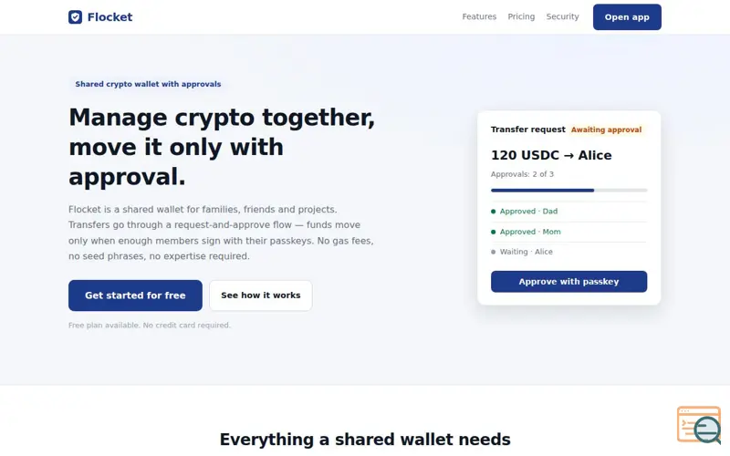 Screenshot of Flocket — Shared crypto wallet with an approval flow