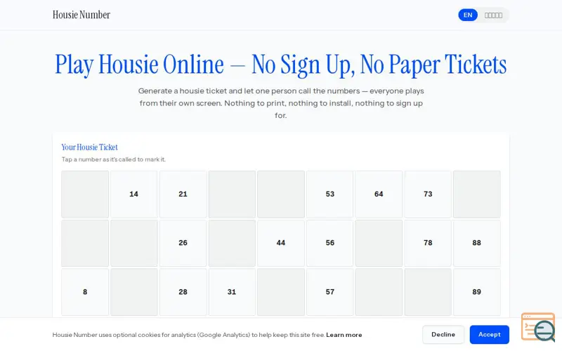 Screenshot of Housie Number — Play Housie Online, No Sign Up Needed