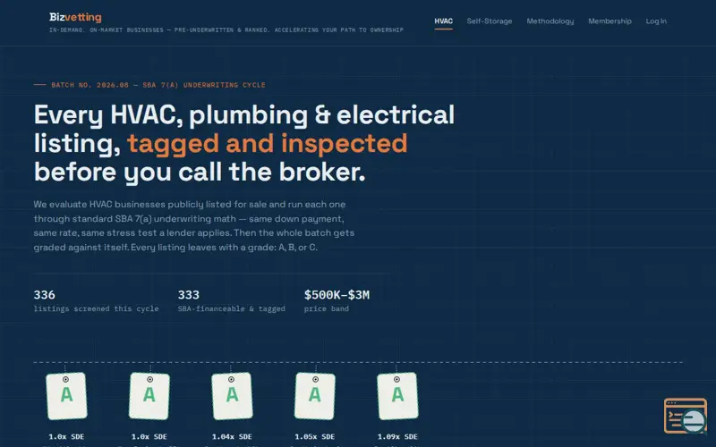 Screenshot of Bizvetting — SBA-Underwritten Deal Screening for HVAC, Plumbing & Electrical Businesses