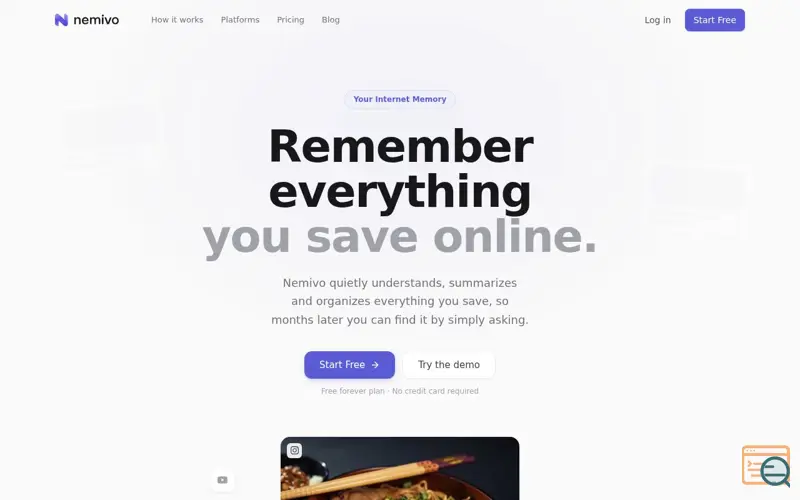 Screenshot of Nemivo — Remember everything you save online