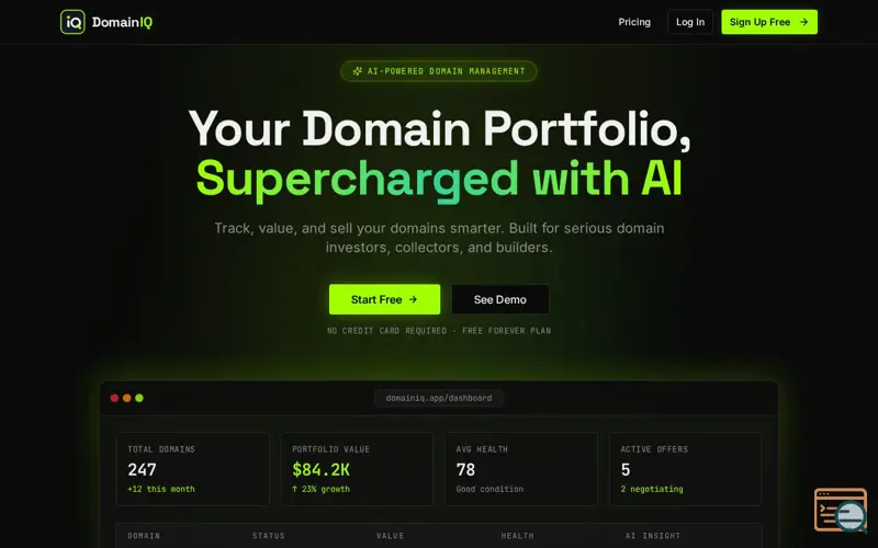 Screenshot of DomainIQ — AI-Powered Domain Portfolio Manager
