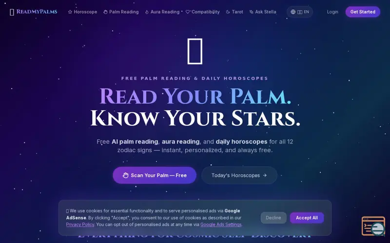 Screenshot of ReadMyPalms, a launch using Google