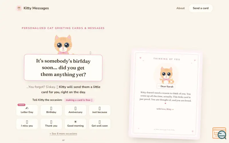 Screenshot of Kitty Messages · Personalized Cat Cards & Messages 🐾