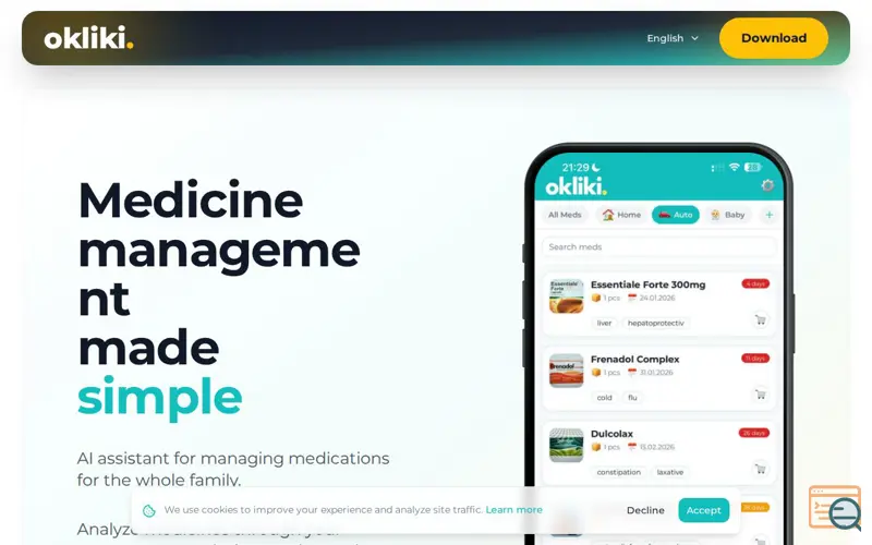Screenshot of okliki — AI medication manager