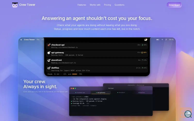 Screenshot of Crew Tower - approve your AI coding agents from the notch