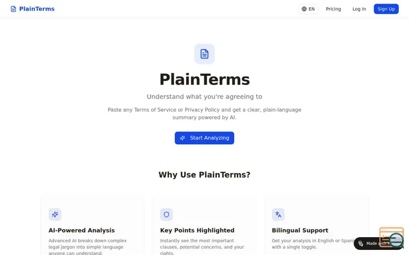 Screenshot of PlainTermsapp.com