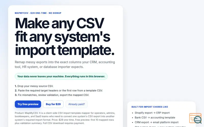 Screenshot of MapMyCSV — Make any CSV fit any import template