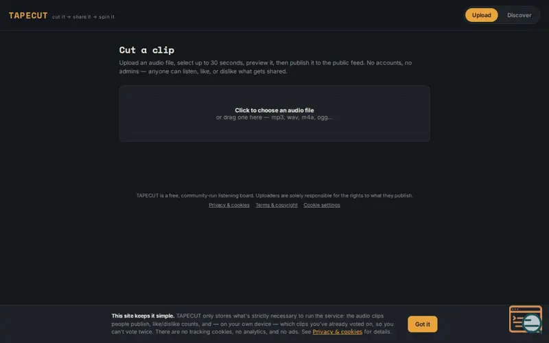 Screenshot of TAPECUT — cut it, share it, spin it