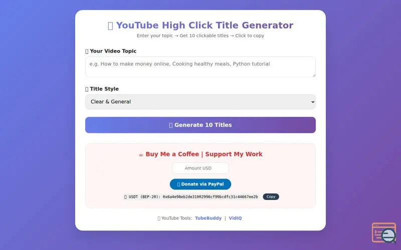 Screenshot of YouTube High Click Title Generator
