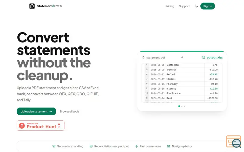 Screenshot of Convert PDF Bank Statements to Excel/CSV