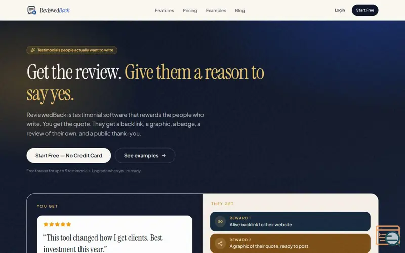 Screenshot of ReviewedBack — Testimonial Software That Rewards the Giver