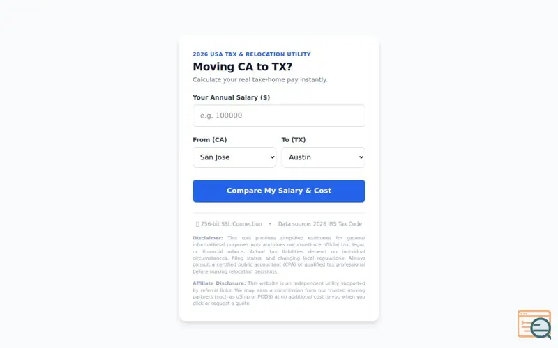 Screenshot of CA to TX Tax Calculator (MVP)