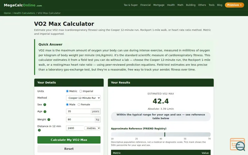 Screenshot of VO2 Max Calculator by MegaCalcOnline