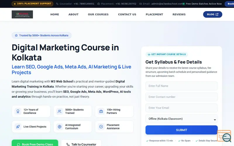 Screenshot of Digital Marketing Course in Kolkata, a launch using Essential Addons for Elementor