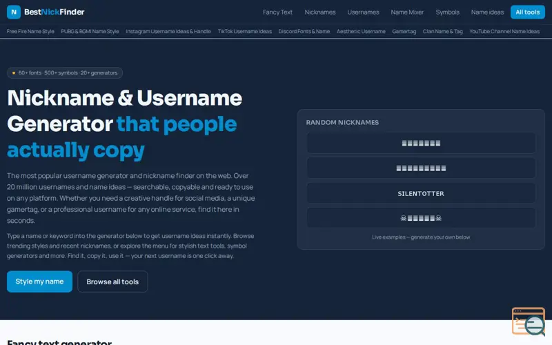 Screenshot of Nickname Generator & Stylish Name Maker — BestNickFinder
