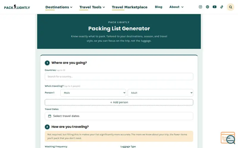 Screenshot of Packing List Generator for travelers