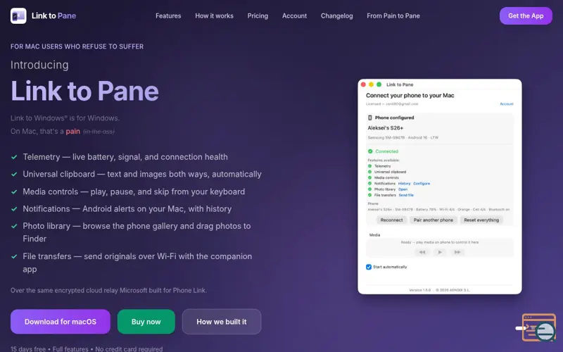 Screenshot of Link to Pane — Clipboard sync & media controls for Mac and Android
