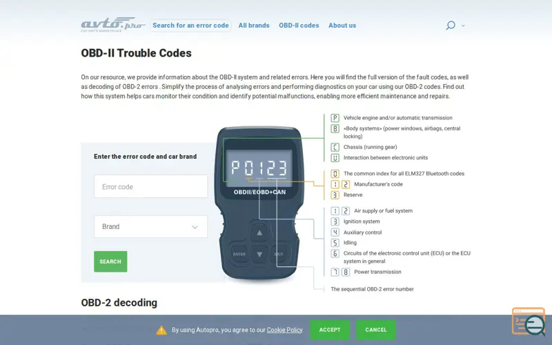 Screenshot of OBD2 Diagnostic Codes