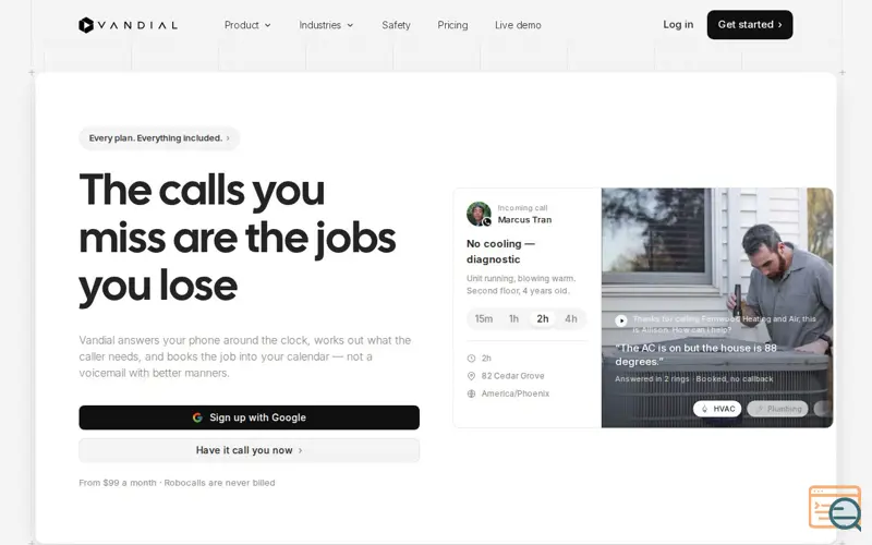 Screenshot of AI receptionist that answers 24/7 and books the job