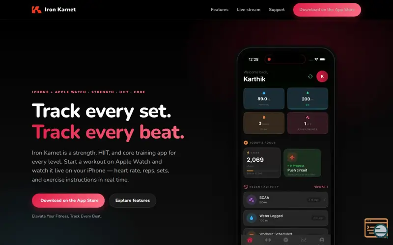Screenshot of Iron Karnet workout app for Apple Watch 