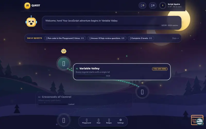 Screenshot of JS Quest — Learn JavaScript by Playing