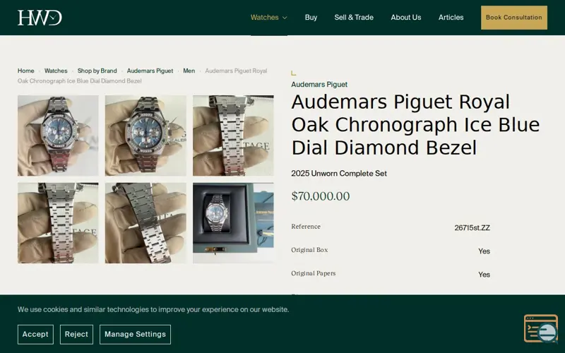 Screenshot of AP Royal Oak Ice Blue Diamond 38mm, a launch using Plerdy
