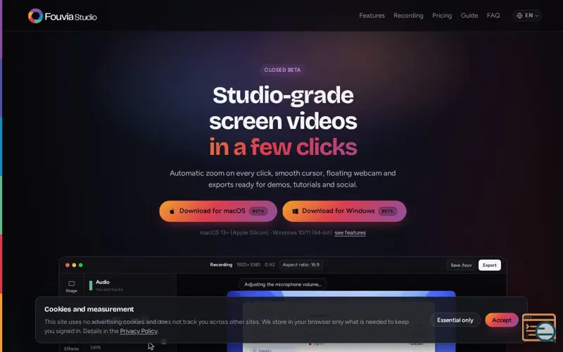 Screenshot of Fouvia Studio · Gravações de tela cinematográficas no Mac e no Windows