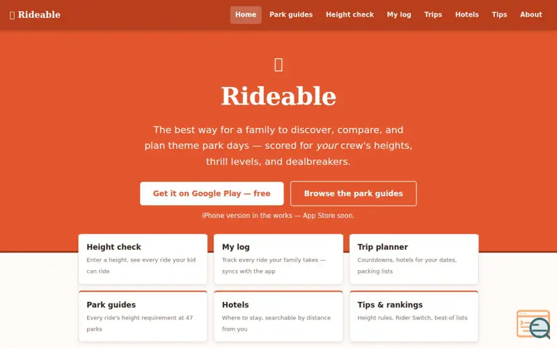 Screenshot of Rideable — theme park days that work for the whole family