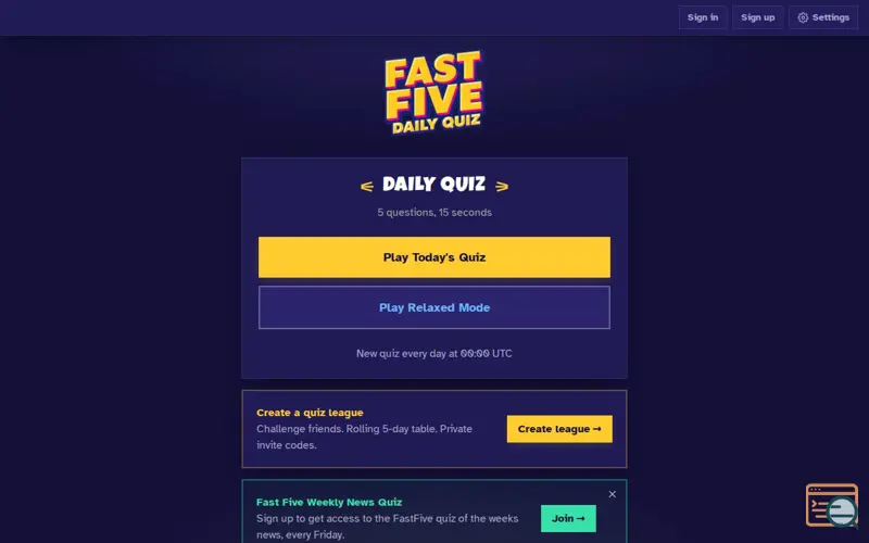 Screenshot of Fast Five Quiz
