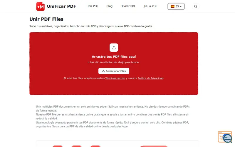 Screenshot of Combina tus archivos PDF en uno gratis — Unir PDF Online​