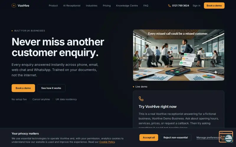 Screenshot of AI Receptionist for UK Businesses | Never Miss Another Customer Enquiry | VoxHive