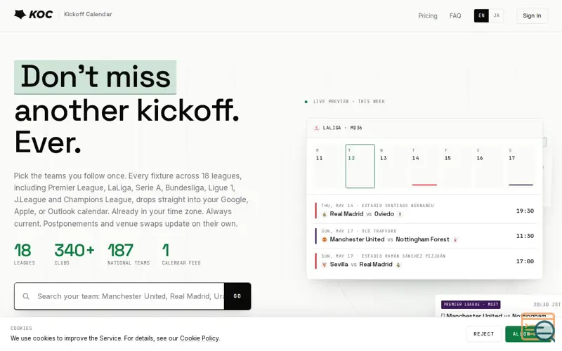 Screenshot of Kickoff Calendar