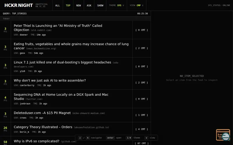 Screenshot of HCKR NIGHT, a launch using Hacker News API