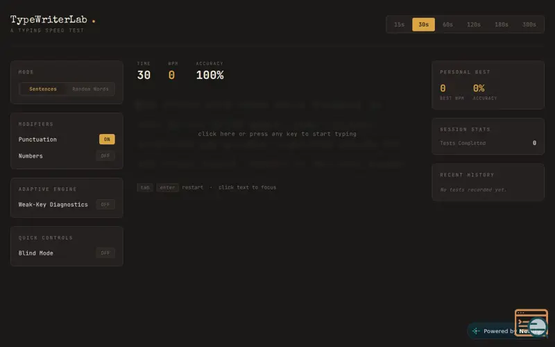 Screenshot of TypeWriterLab — Typing Test