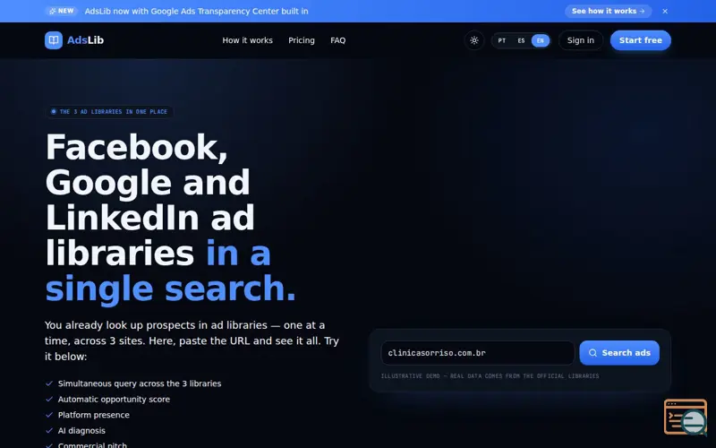 Screenshot of AdsLib — A biblioteca de anúncios do Meta, Google e LinkedIn em uma busca