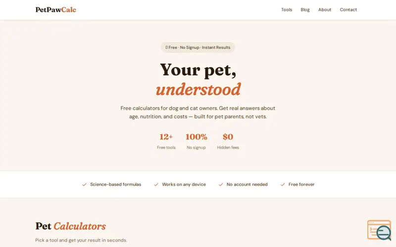 Screenshot of PetPawCalc — Free Pet Calculators