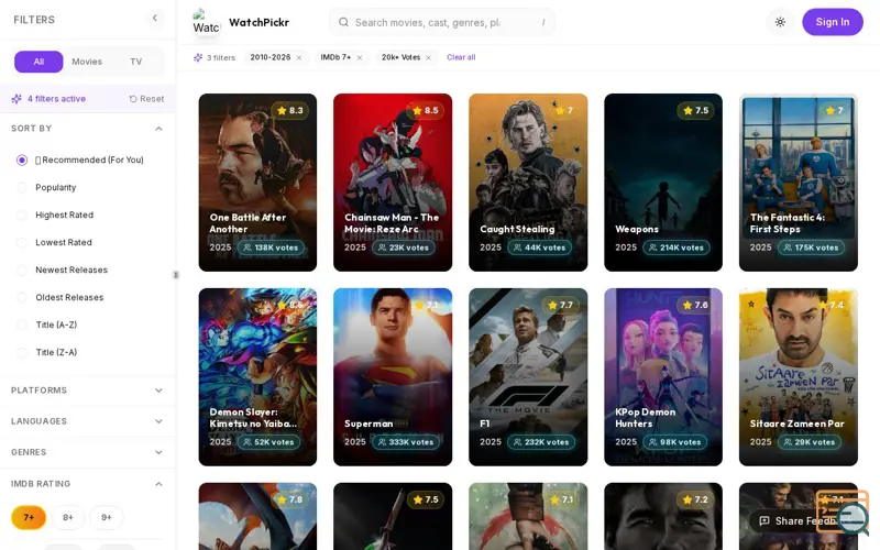 Screenshot of WatchPickr