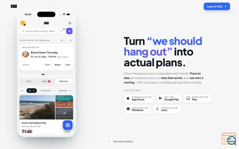 Screenshot of Sha: Make Plans with Friends, a launch using HSTS