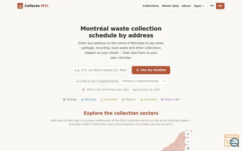 Screenshot of Collecte des déchets à Montréal par adresse — Collecte MTL