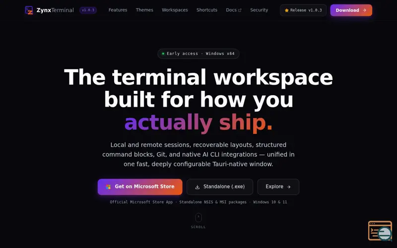 Screenshot of ZynxTerminal — The terminal workspace built for how you actually ship