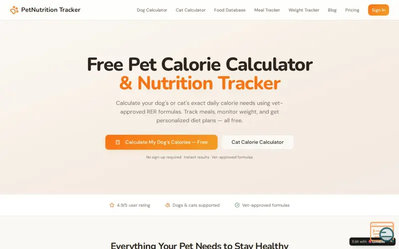 Screenshot of Pet Calorie Calculator