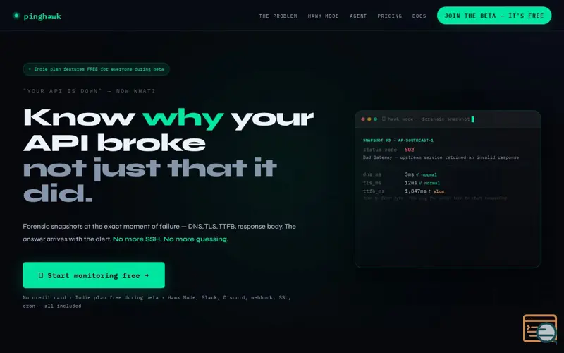 Screenshot of Pinghawk — Know Why APIs Break