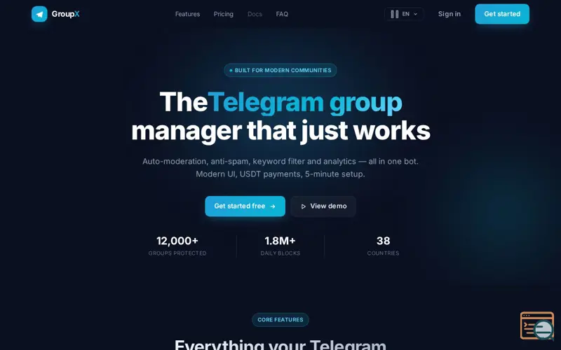 Screenshot of GroupX — 专业的 Telegram 群管理 Bot SaaS